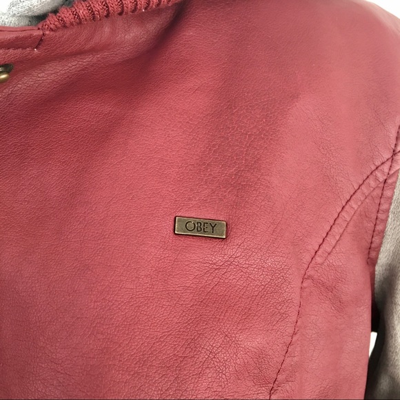 Faux Leather Moto Bomber Jacket Hoodie Red Grey - Picture 3 of 10